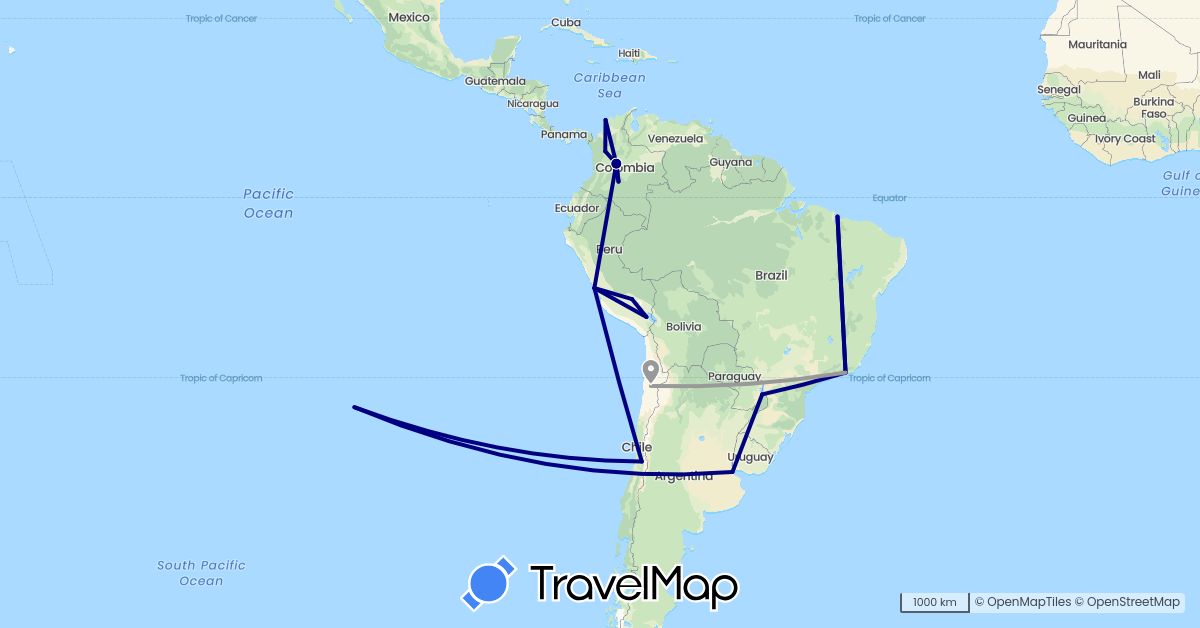 TravelMap itinerary: driving, plane in Argentina, Brazil, Chile, Colombia, Peru (South America)